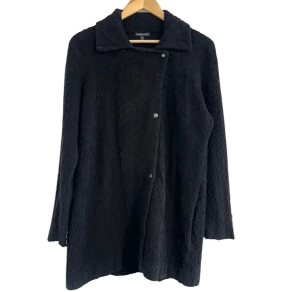 Eileen Fisher Persian Cotton Snap Front Textured Jacket in Black | L